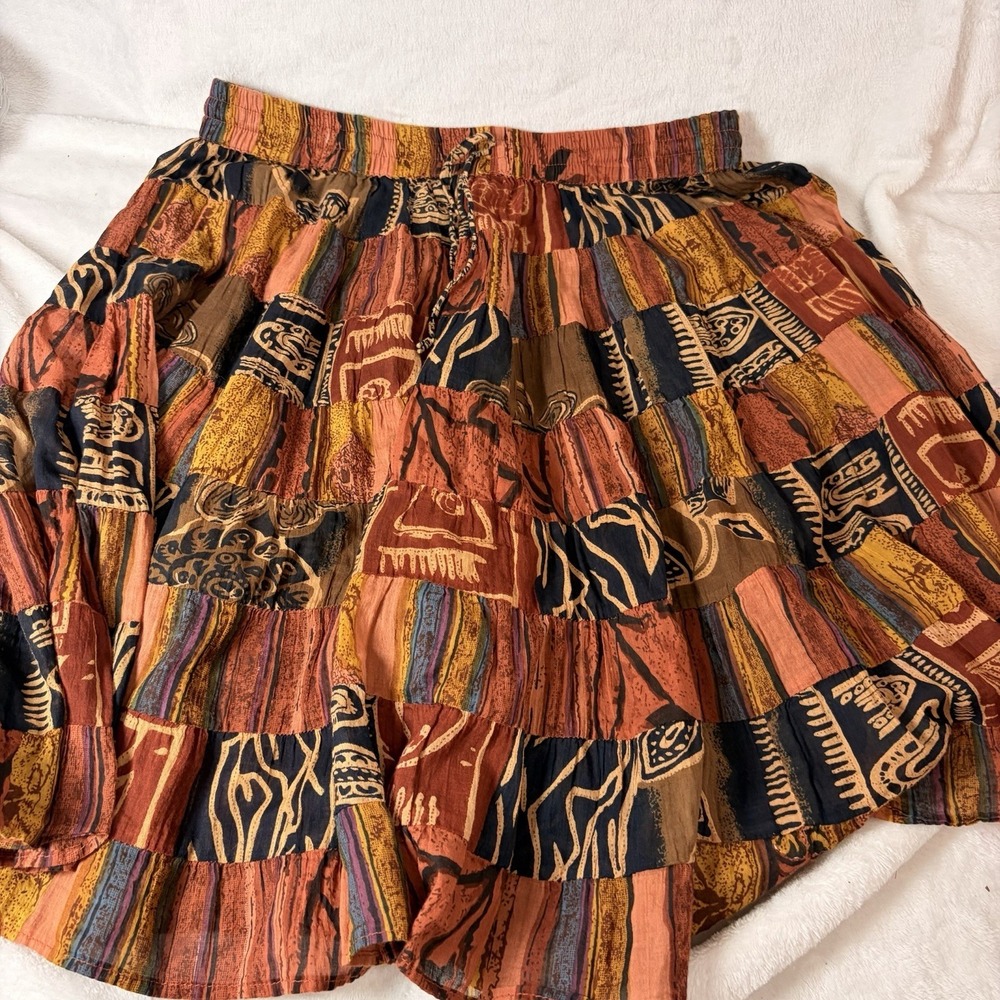 Vtg 90s Silver Stream Patchwork Boho Tiered Maxi Skirt OSFM Hippie Festival Boho